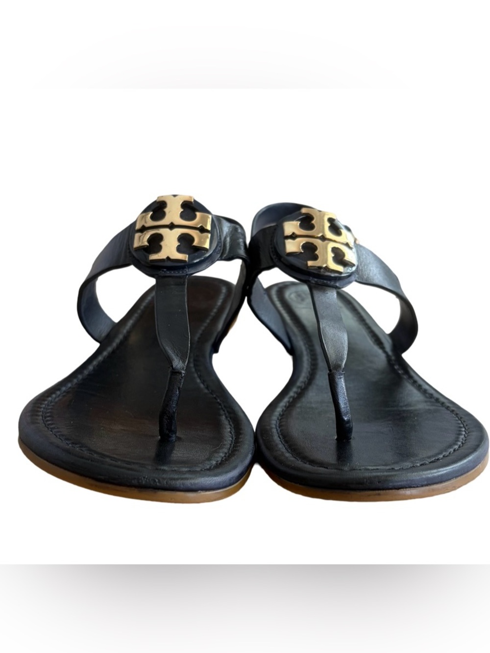 Tory Burch Black Leather Thong Sandals with Gold Logo Accent - Picture 4 of 14